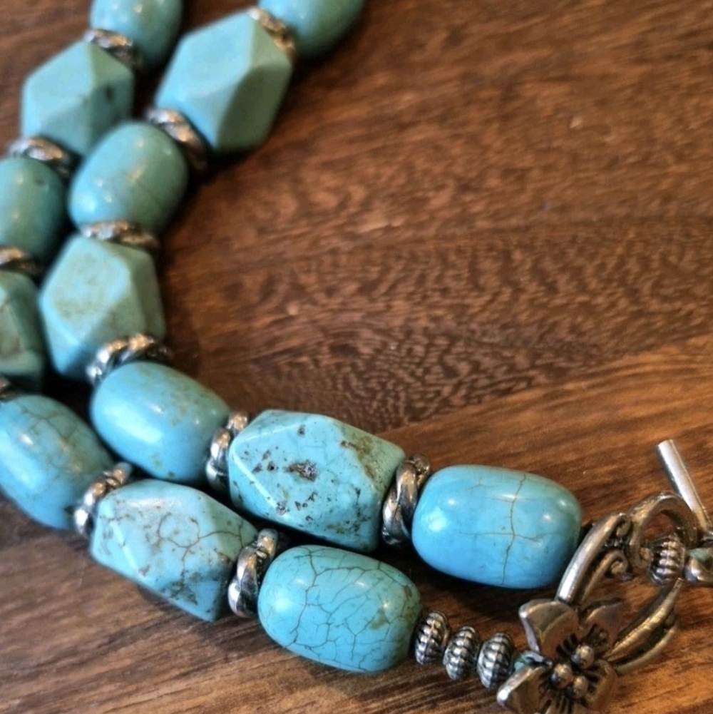 Vtg Chunky Turquoise Nugget Necklace Non-magnetic Silver Tone Spacers - Picture 3 of 10